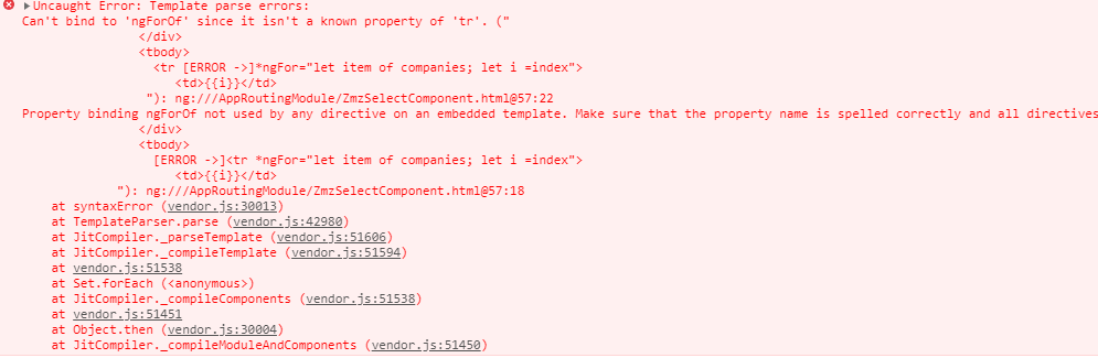 angular报错信息之 Can't bind to 'ngForOf' since it isn't a known property of 'tr'. ("